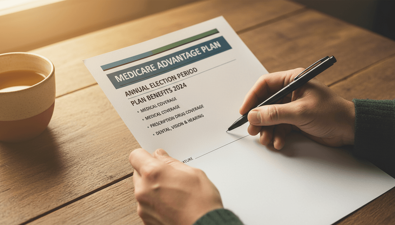 Hands holding Medicare plan document with pen