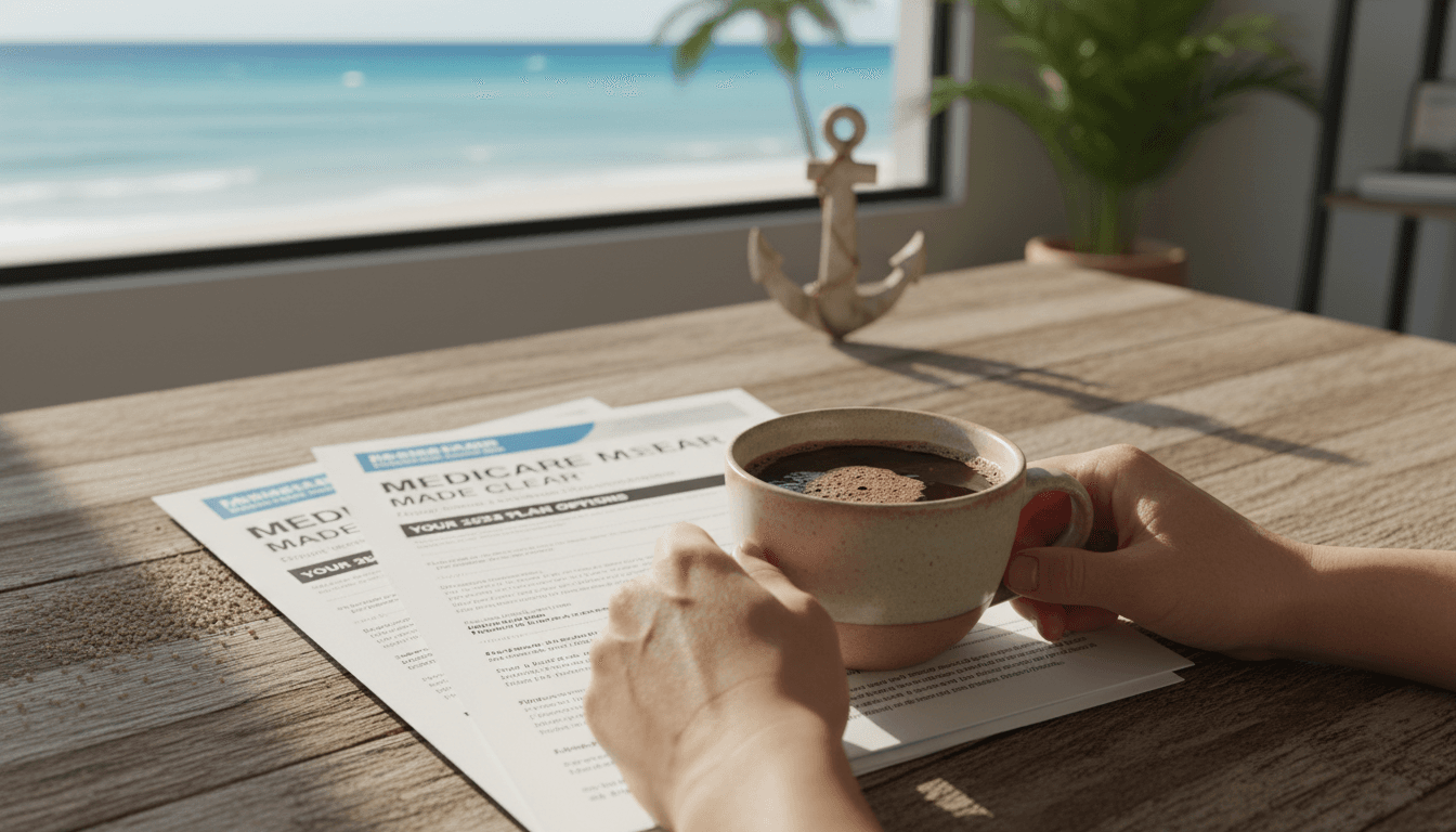 Close-up hands holding Medicare documents with coffee, beach office setting