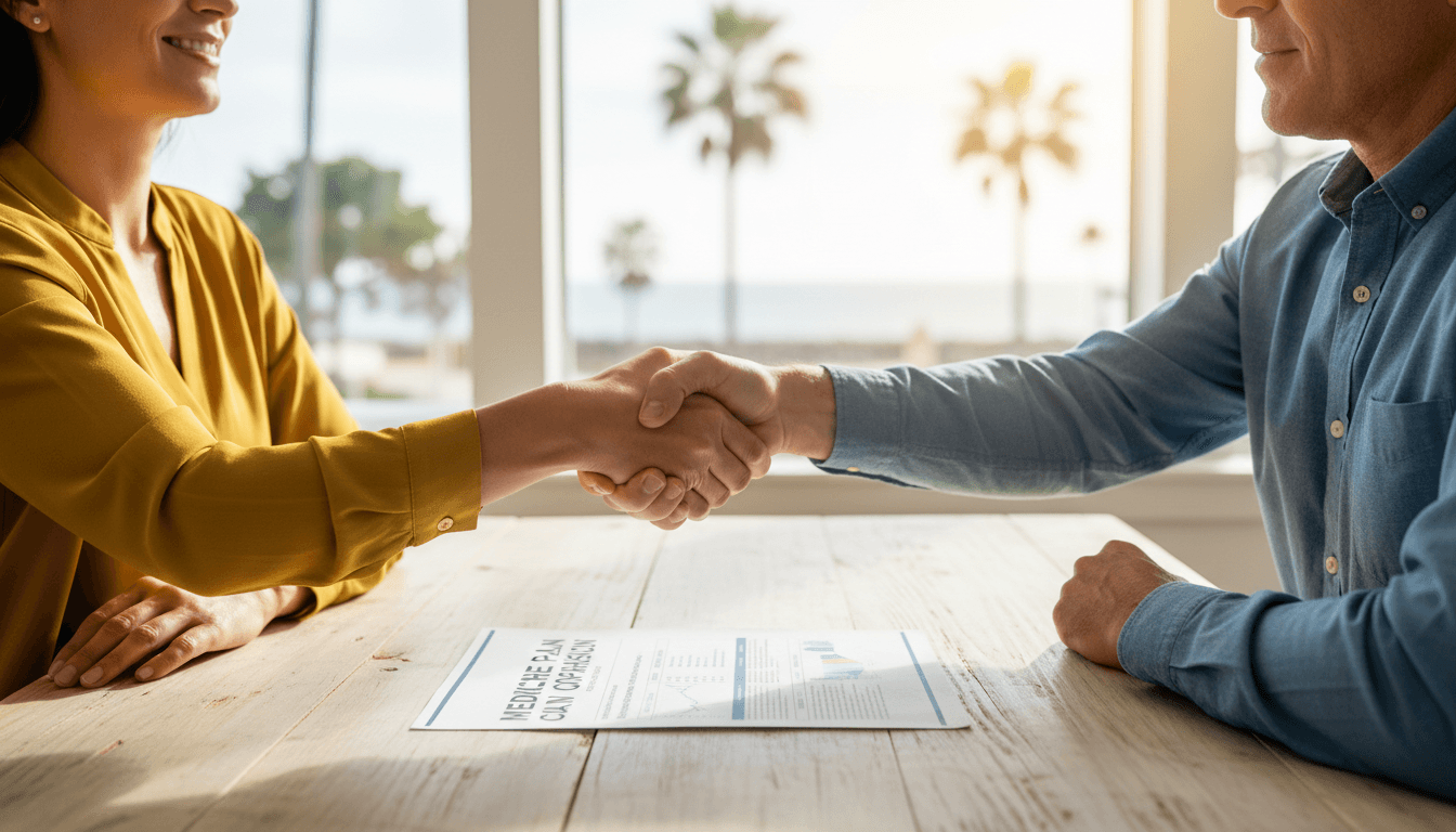 Honest Medicare consultation handshake representing transparent advice