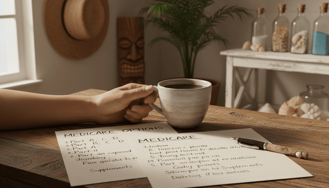 Close-up of Medicare consultation notes with warm coffee on a wooden table