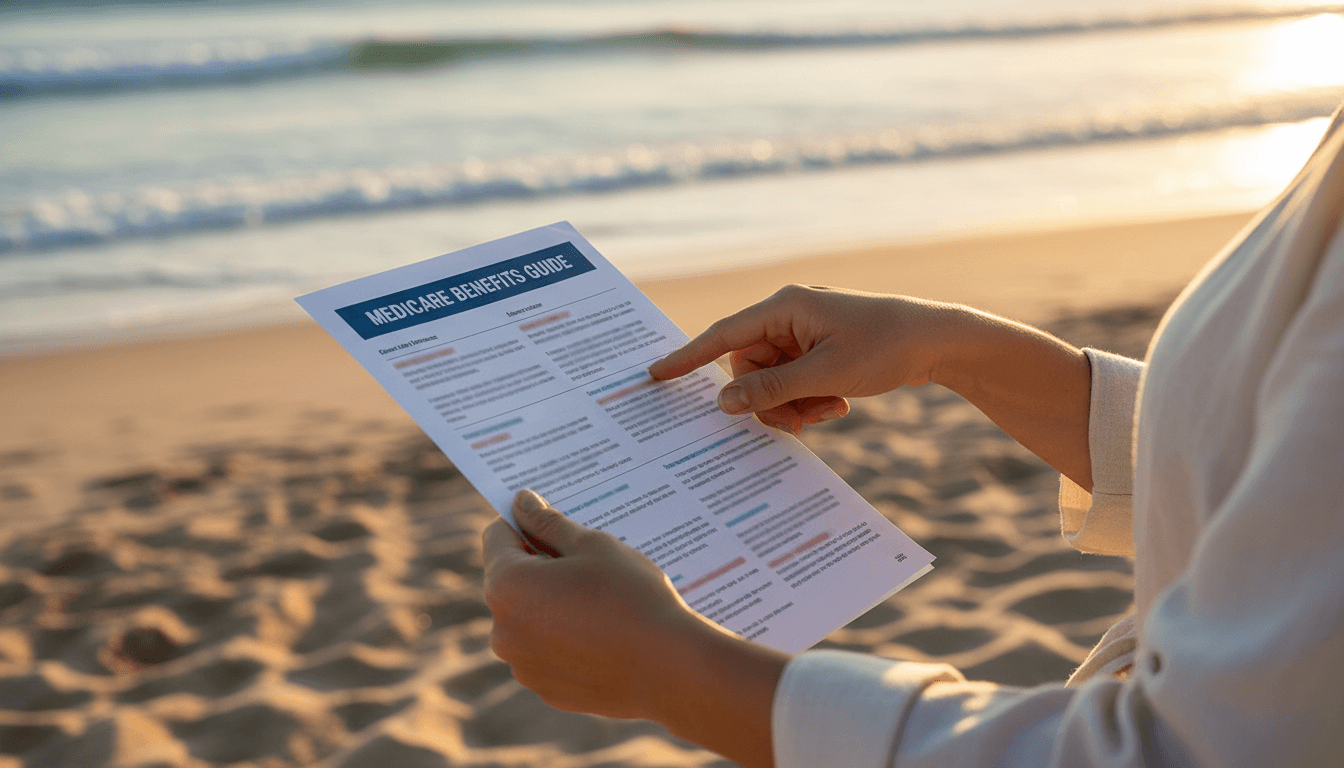 Close-up of hands reviewing Medicare documentation on beach