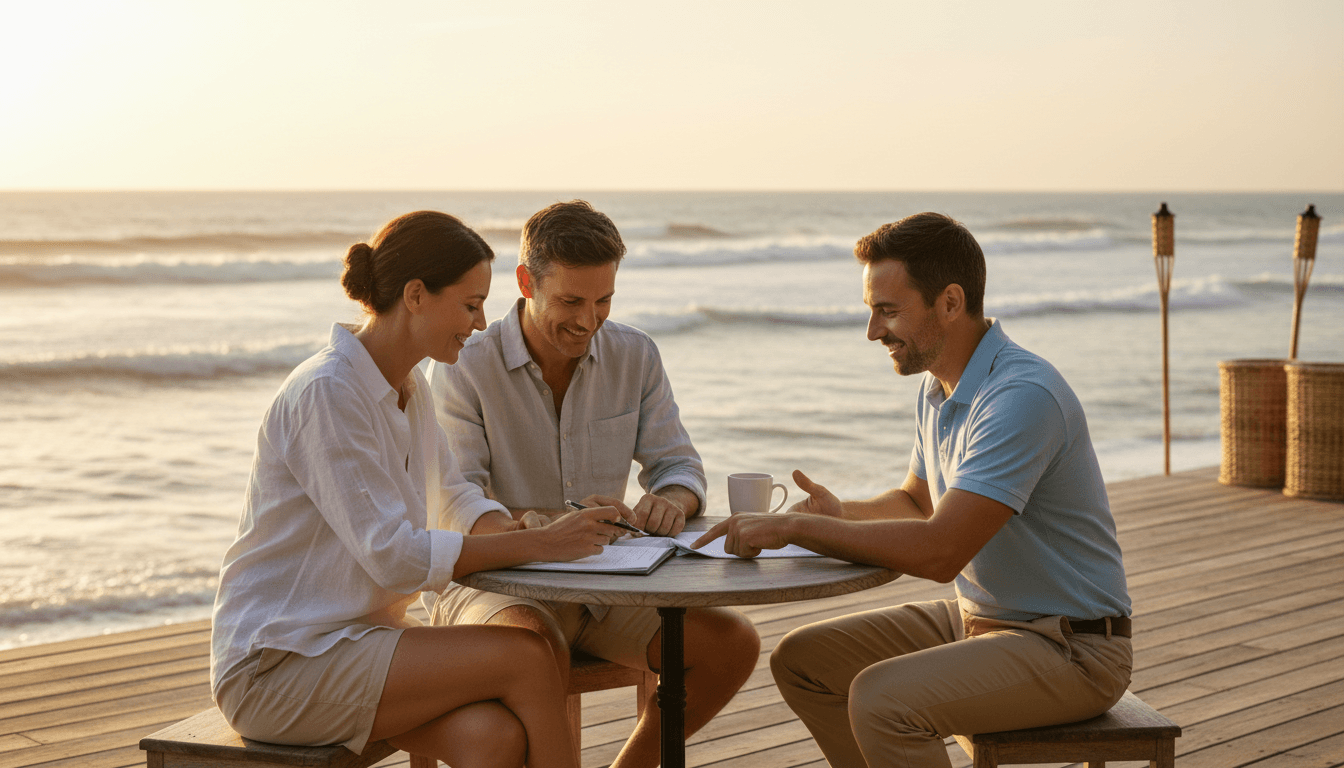 A couple meeting with an insurance advisor at a beachside office in Tarpon Springs, reviewing Medicare consultation documents together