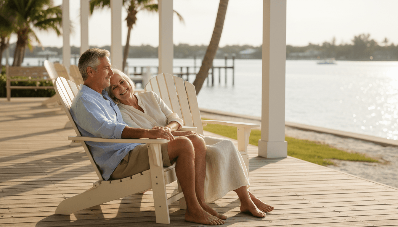 Older couple sitting together on a porch overlooking water