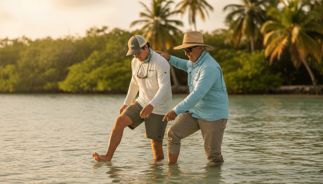 Fishing guide instructs angler on proper wading technique in shallow tropical lagoon