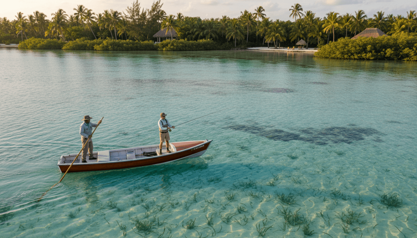 Professional guide poles shallow-draft skiff through turquoise lagoon at sunset, angler ready to cast in tropical waters