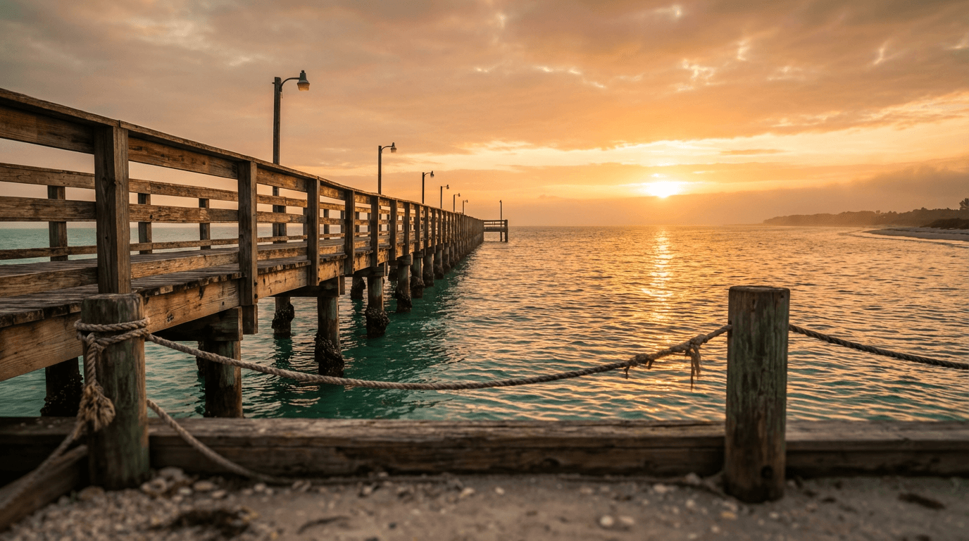 Weathered pier extending into turquoise Gulf waters at golden hour with warm sky reflections.